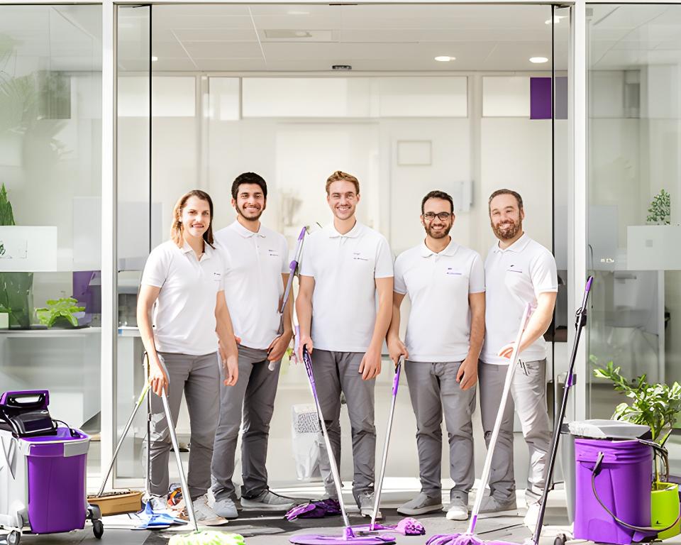 Team di pulizia sorridente davanti a un ufficio luminoso a Coccaglio con attrezzatura ordinata e dettagli curati