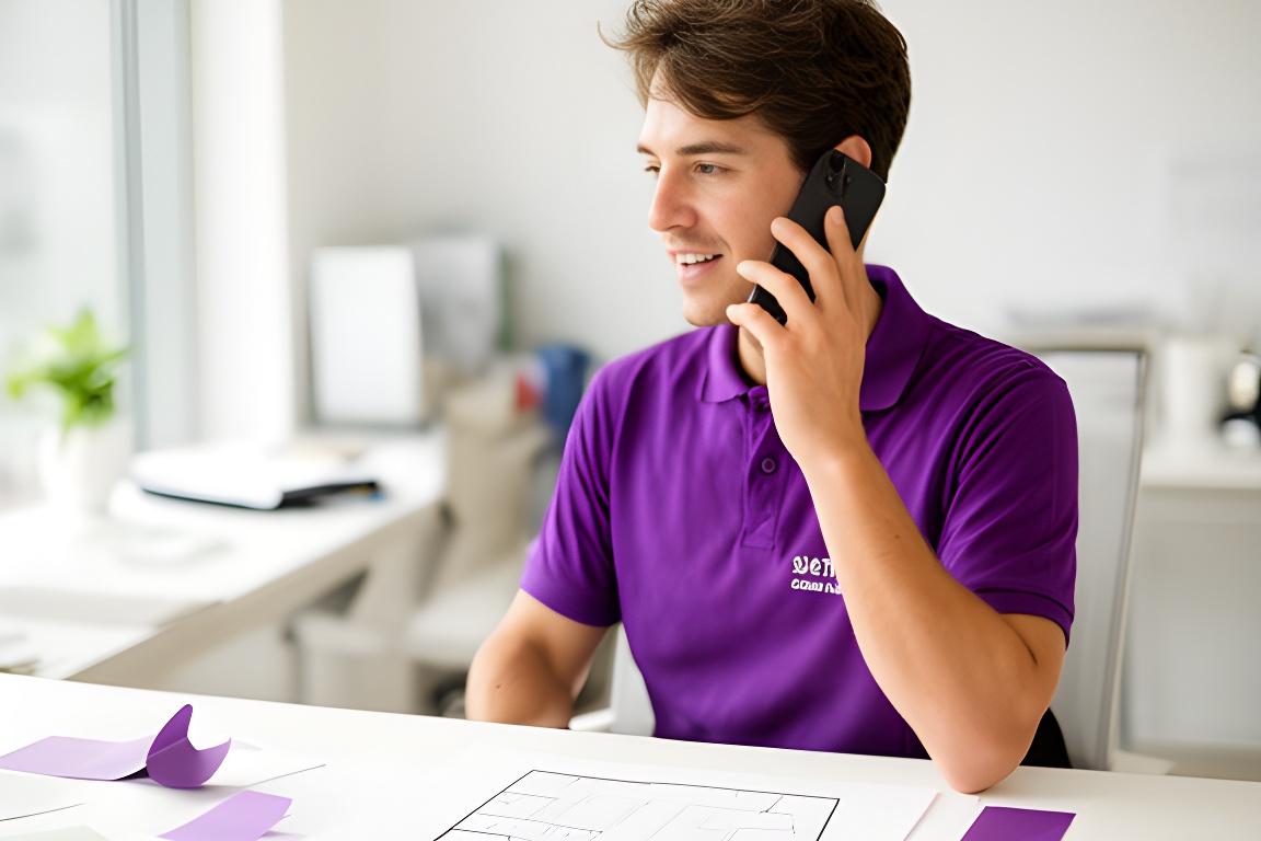 Operatrice al telefono in ufficio luminoso con appunti di preventivo e planimetria sul tavolo