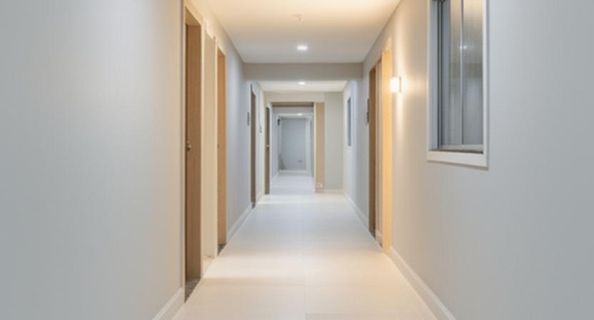 Corridoio condominiale ripulito dopo piccoli lavori, con superfici ordinate e luminose