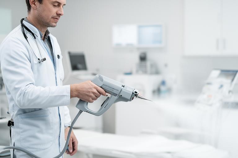 Operatore con attrezzatura professionale in uno studio medico luminoso durante una sanificazione accurata