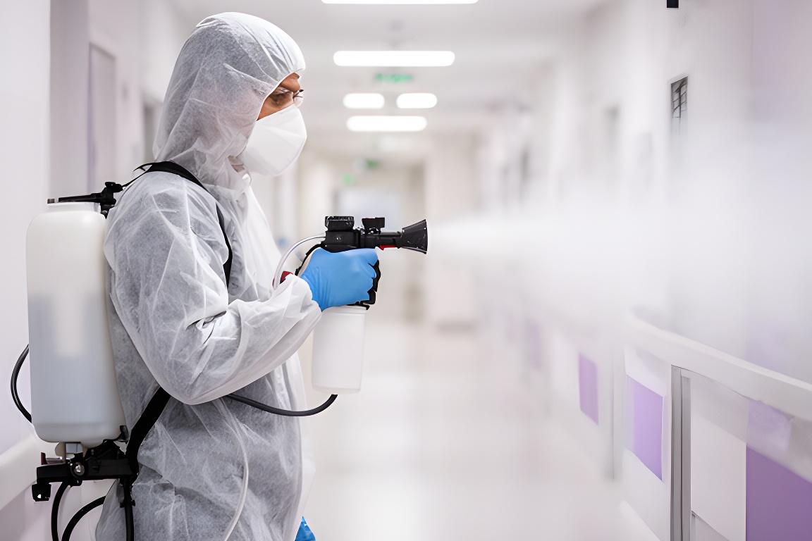 Operatore con tuta protettiva mentre tratta un ambulatorio luminoso con nebulizzatore professionale